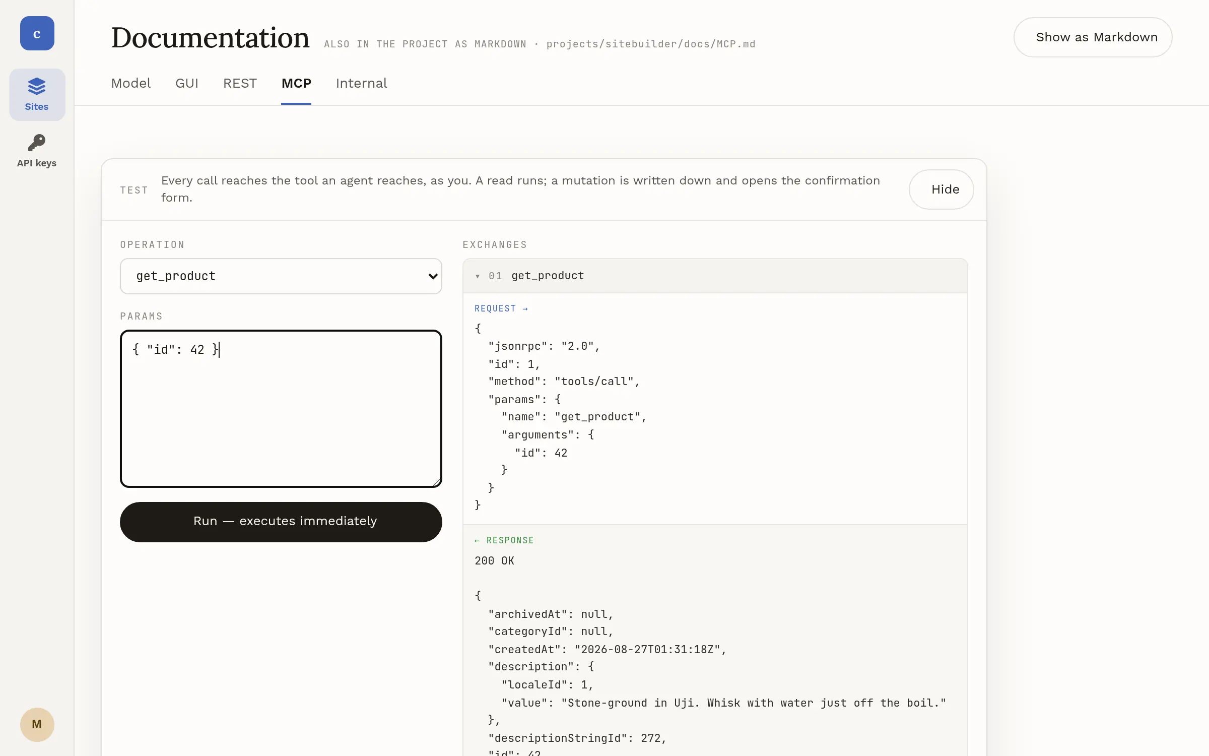 MCP manual with a test panel open — a tool call and its answer