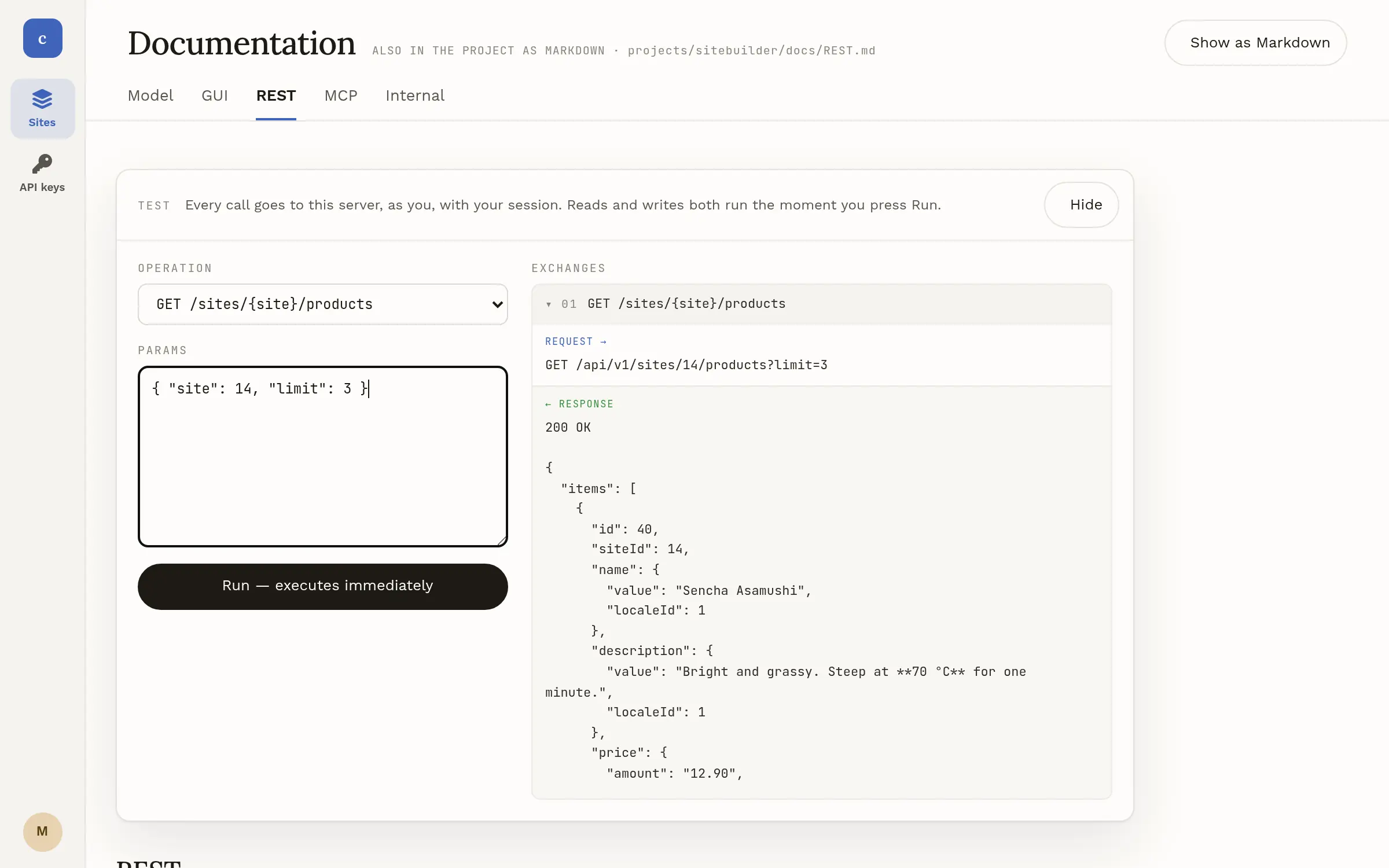 REST manual with a test panel open — an operation, its parameters and a Run button