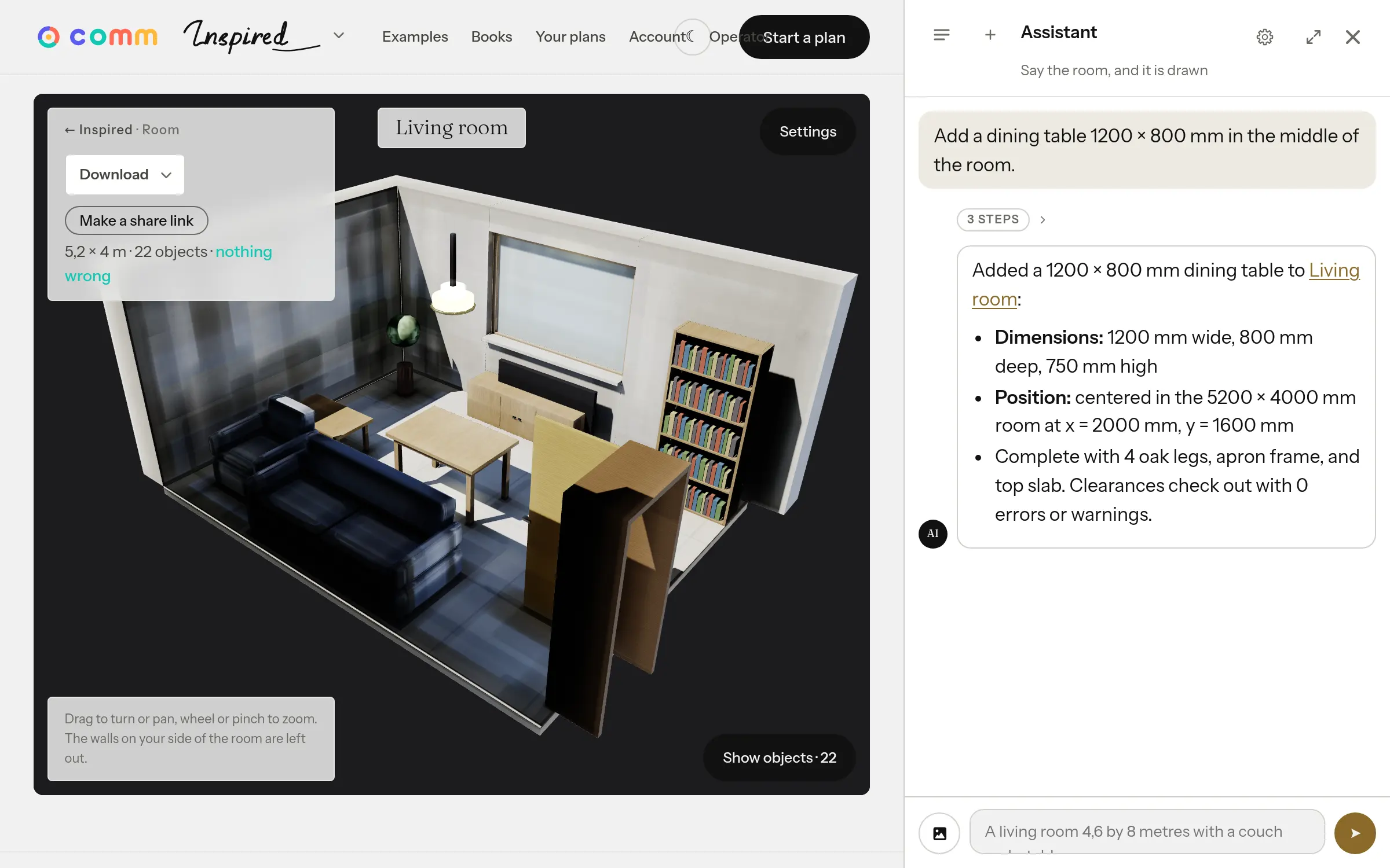 The assistant docked beside the room, asked to add a dining table 1200 × 800 mm in the middle — the table is in the plan and drawn on the picture, the robot saying where it put it