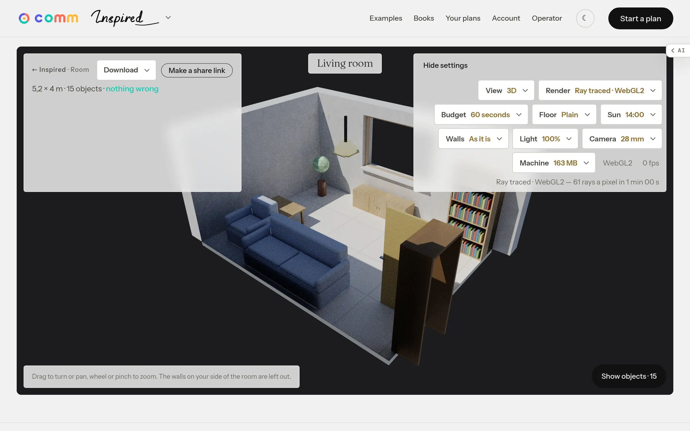 The same room ray traced on WebGL2 with a sixty-second budget, the card over the picture saying how many rays a pixel the sixty seconds bought