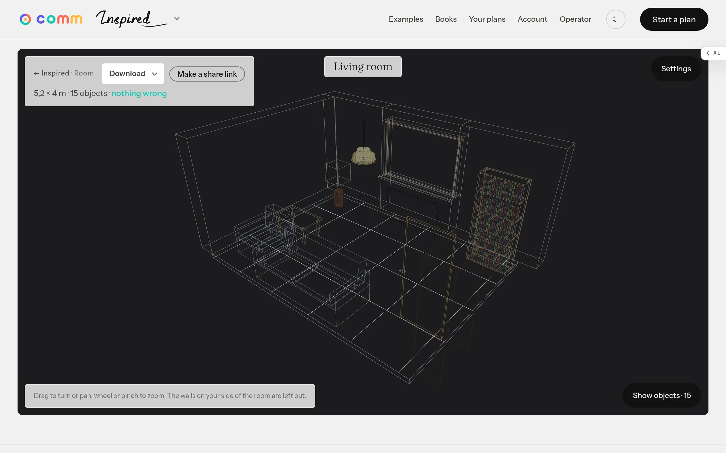 Miiu — a living room 5,2 × 4 m as a wireframe: the walls, the window, the door and every piece of furniture as edges, each one a box the plan holds in millimetres