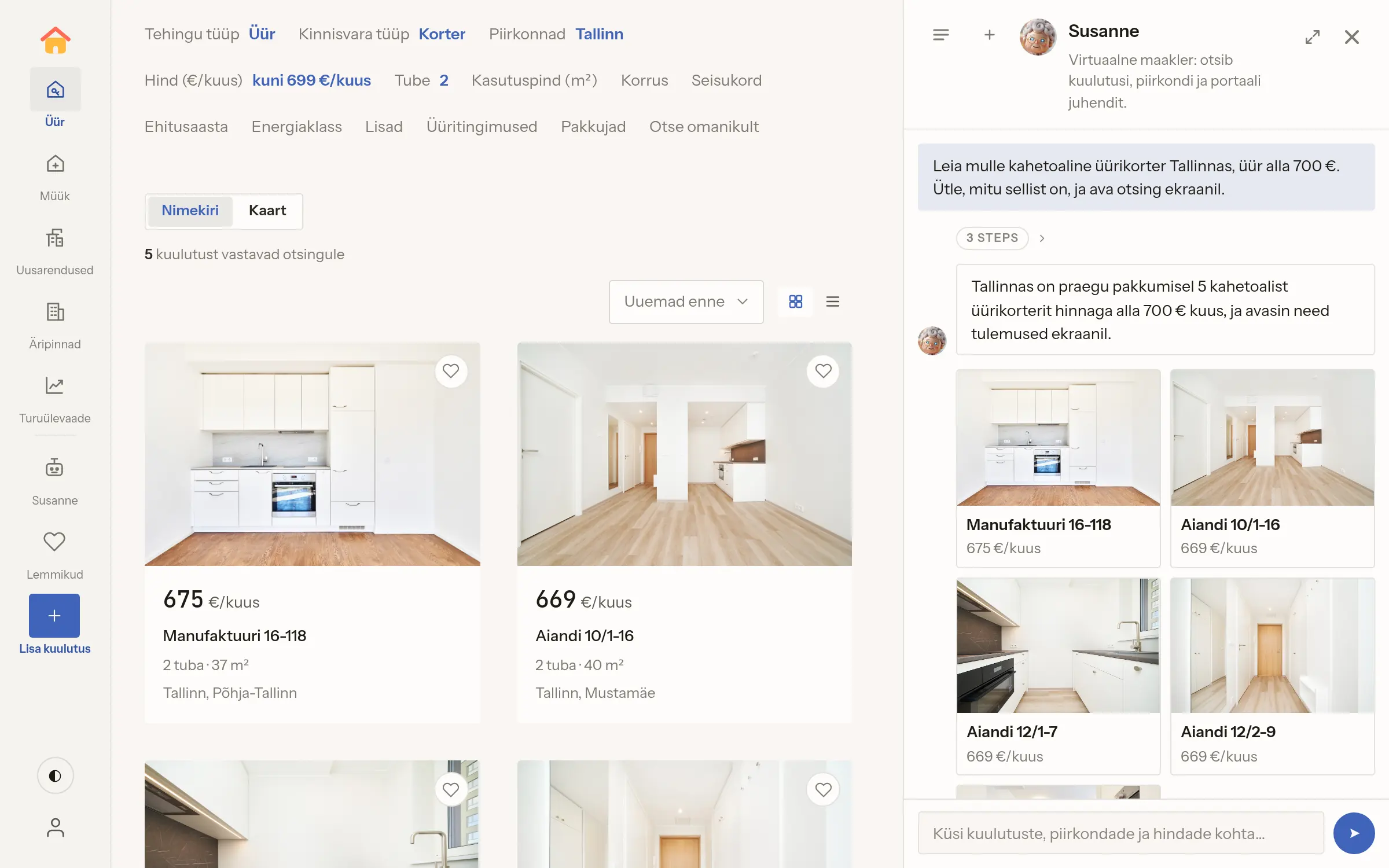 Susanne beside the portal, asked for a two-room flat in Tallinn under 700 a month: she counts Lumi Kodud's five, draws them as cards and opens that search on the page