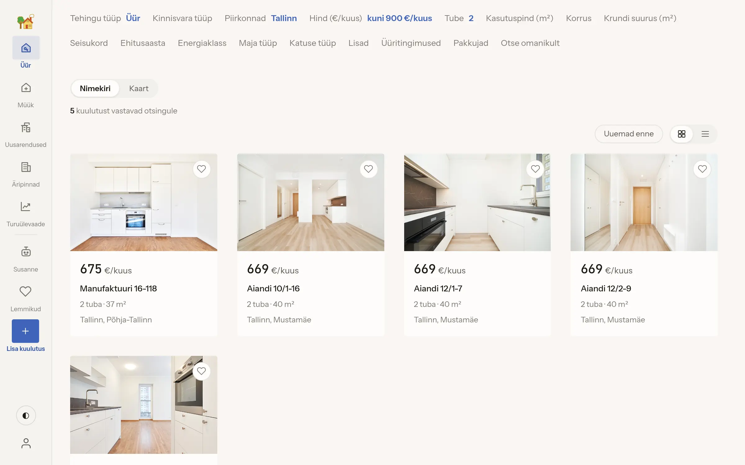 Filtering — Lumi Kodud's two-room flats in Tallinn under 900 a month, five of them, at Manufaktuuri and Aiandi