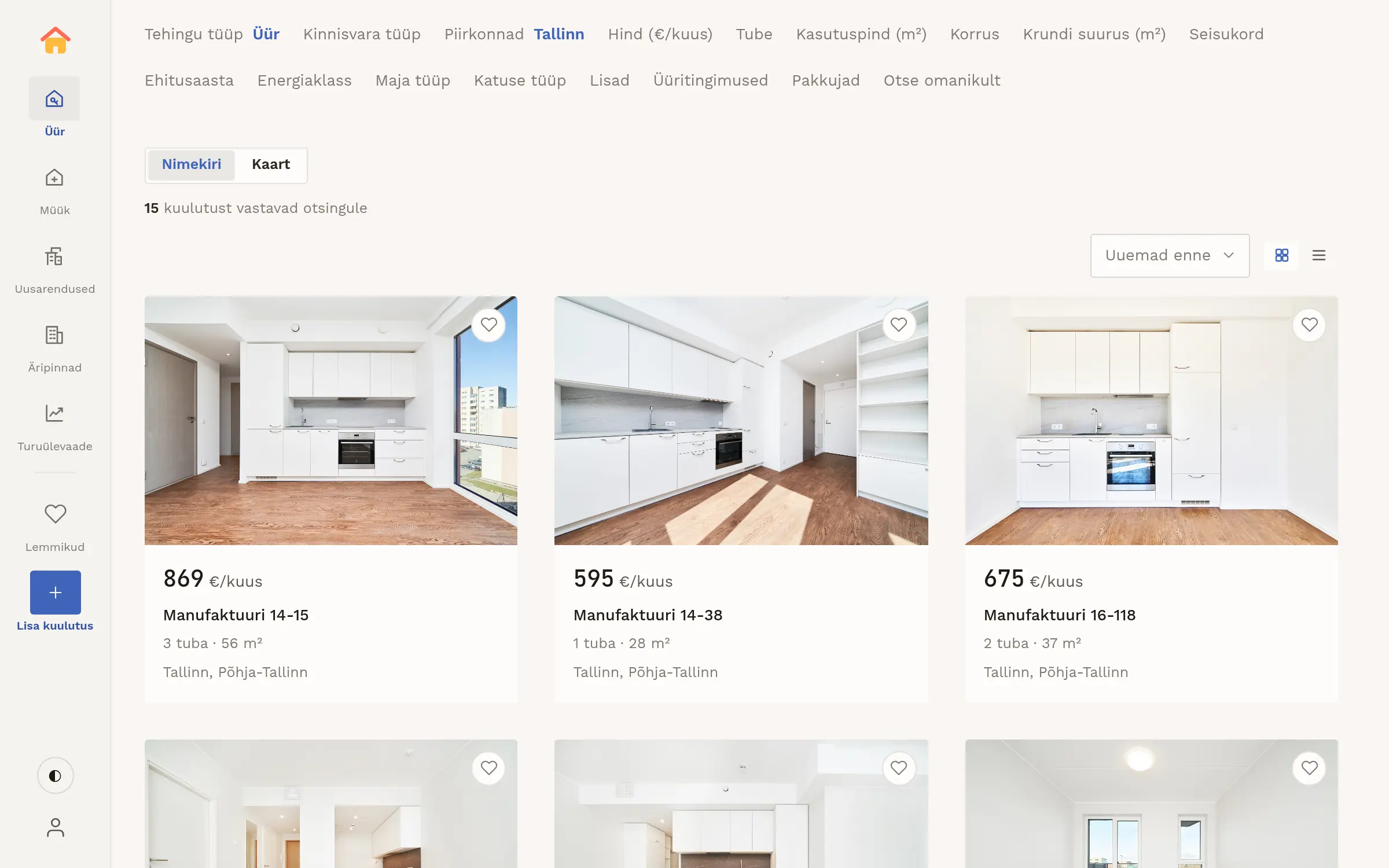 Susanne — Lumi Kodud's nine flats to rent in Tallinn as cards, each with a photograph, price and address