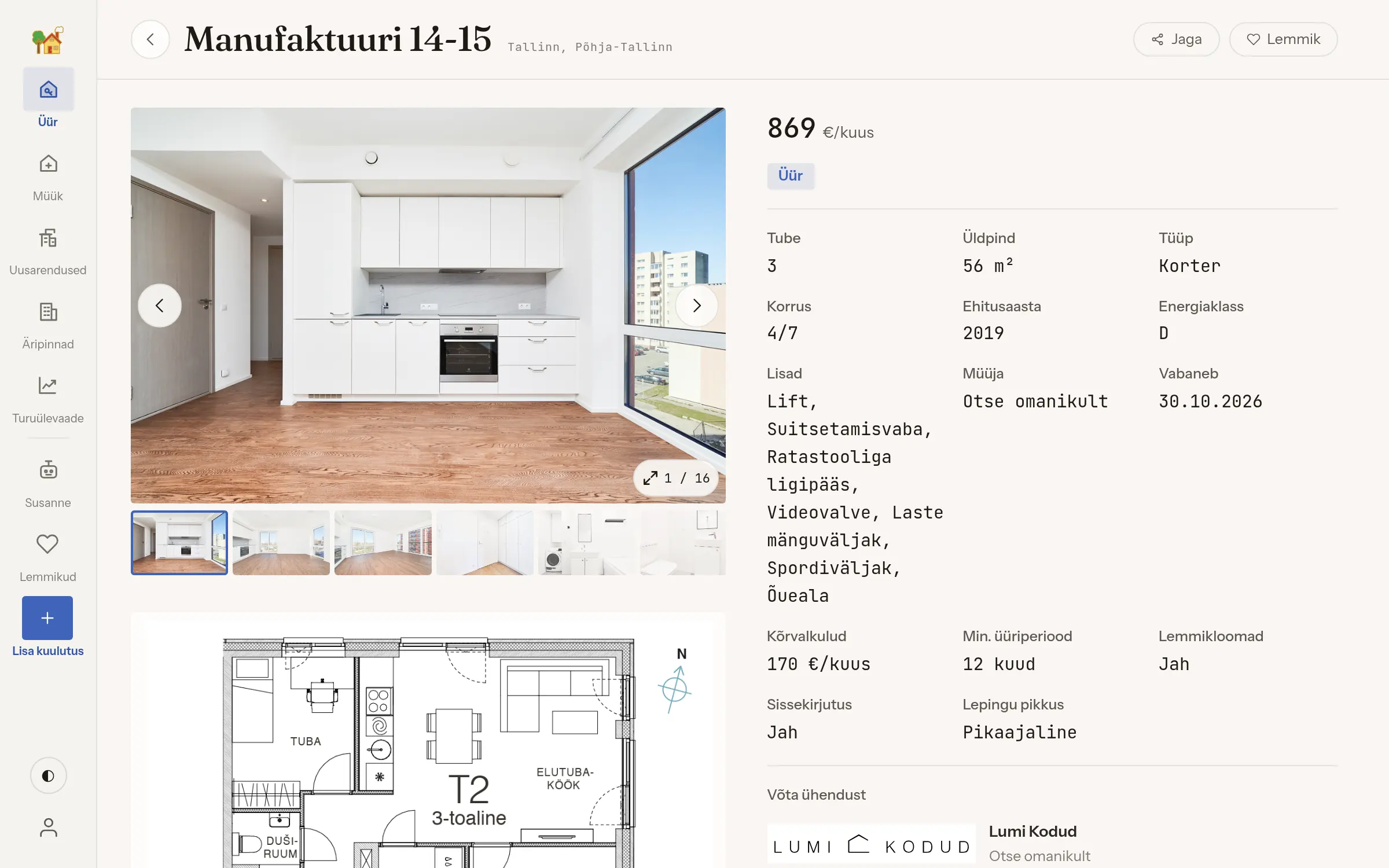 One listing — Manufaktuuri 14-15, a three-room flat from Lumi Kodud: its photographs, the floor plan, the 3D tour, the price, the facts and the street
