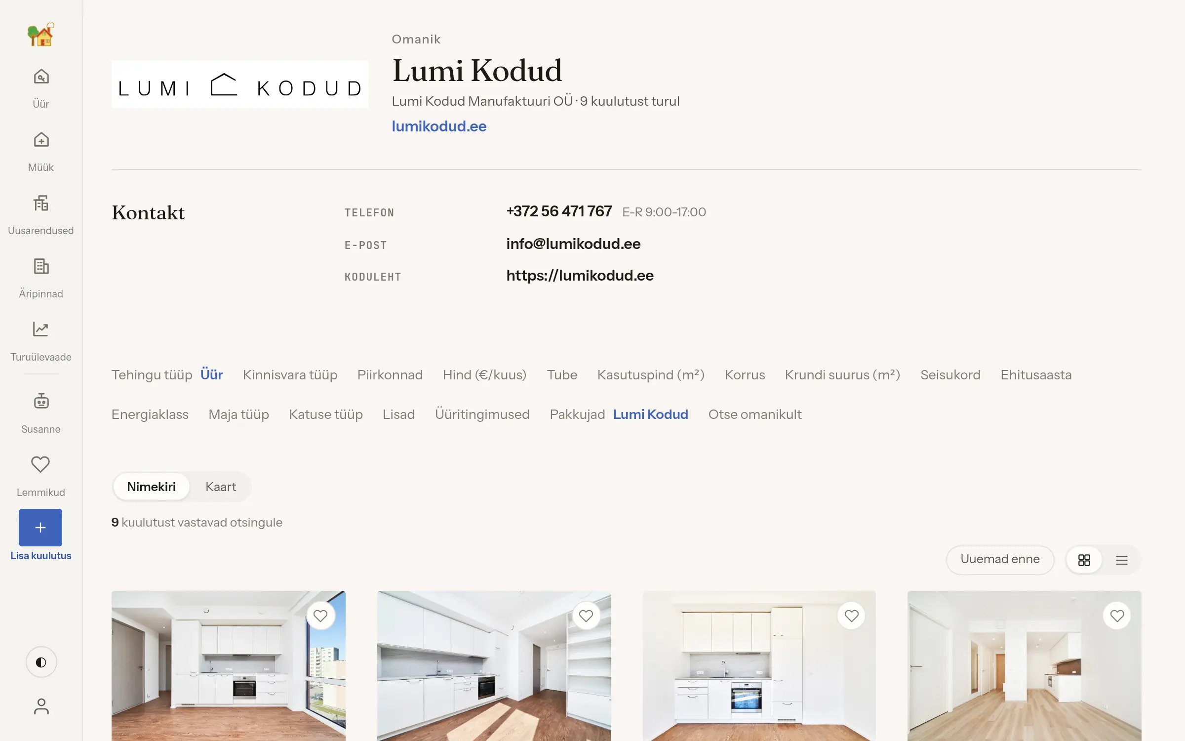 A bureau's own page — Lumi Kodud: the brand and how to reach them, and the market narrowed to their rentals