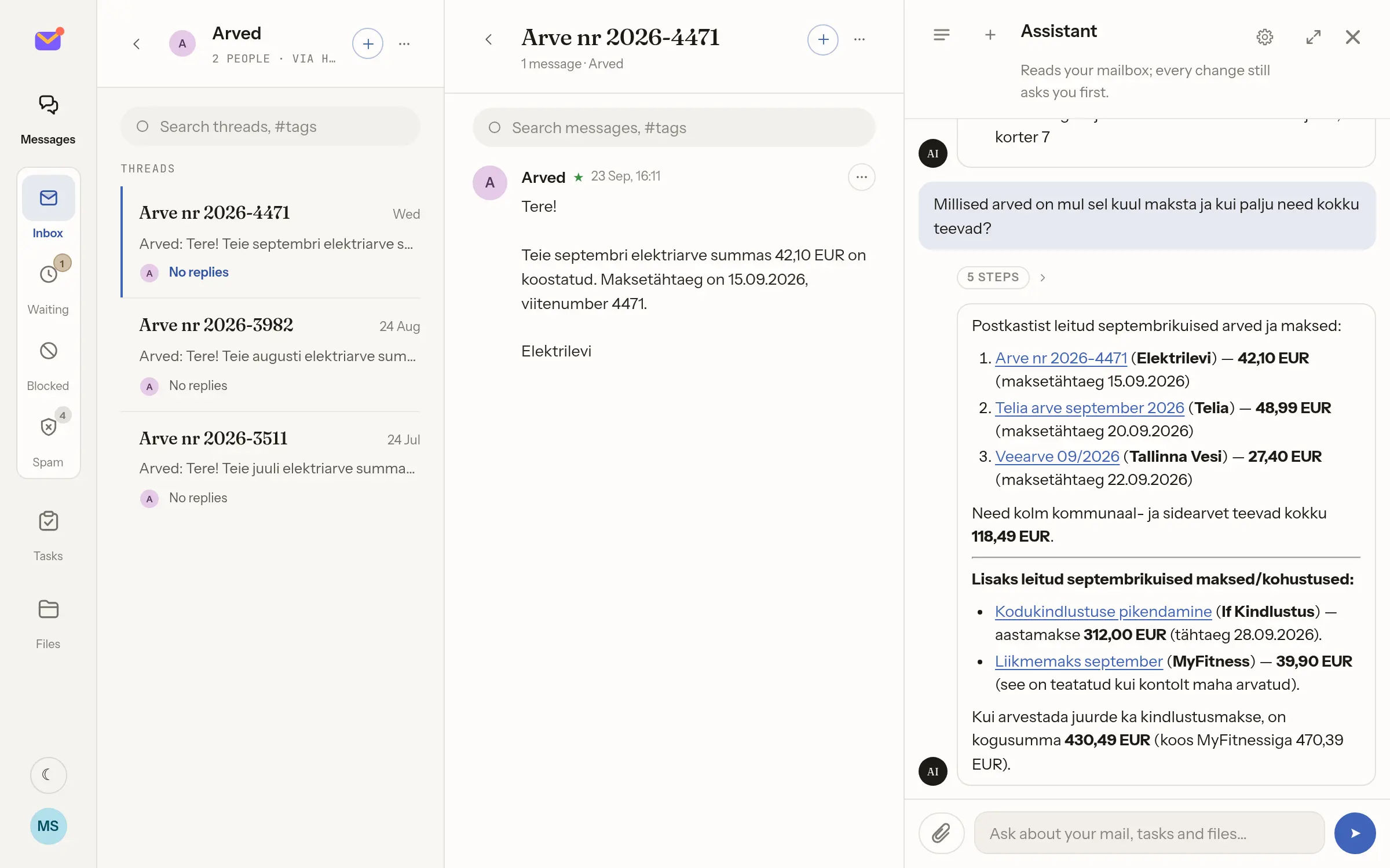 The assistant lists the month's bills from what the mail said — electricity, phone and water, each with its due date — sums them, and opens the electricity bill beside the chat