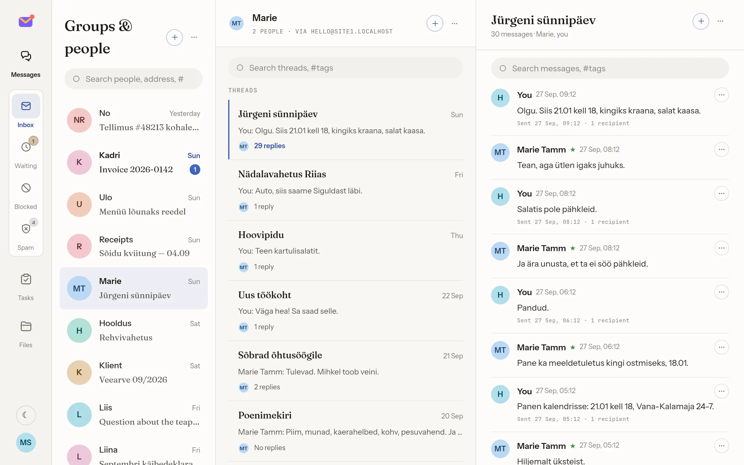 The mailbox — a list of correspondents newest first, one of them open with her thirty threads beside