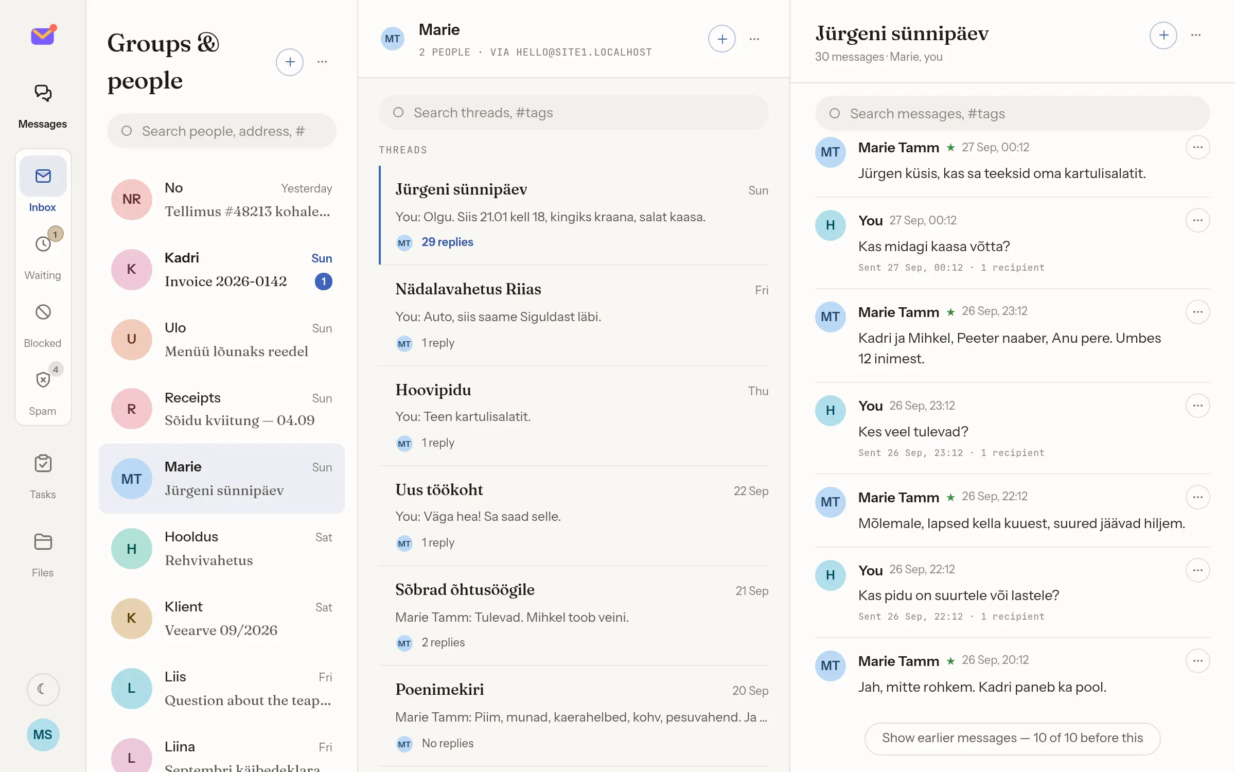 One thread, thirty messages — Marie and the owner settling Jürgen's party, the earlier half of it on the page and the ten before that a press away